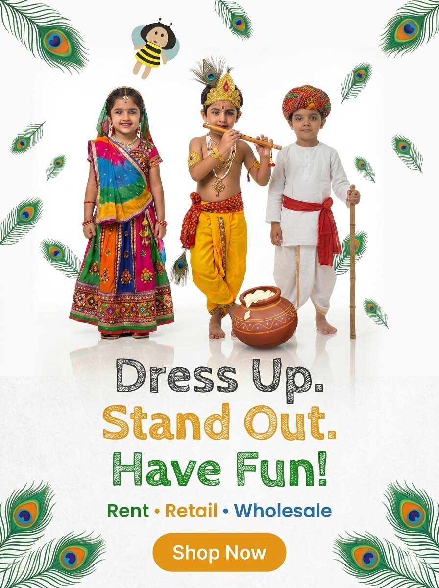 Kids in fancy dress costumes — Krishna, traditional Indian and Rajasthani themes